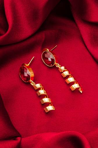 gold-plated spiral coil drop earrings with oval stone stud top