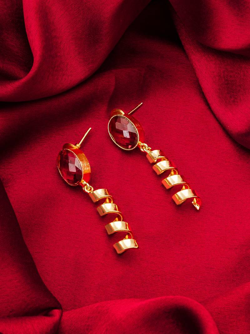 gold-plated spiral coil drop earrings with oval stone stud top