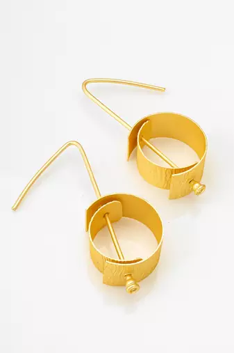 gold-plated textured cylindrical scroll hoop earrings with hook closure