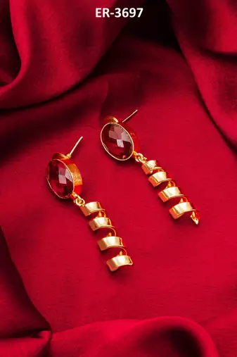 gold-plated spiral coil drop earrings with oval stone stud top