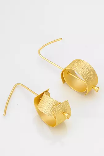 gold-plated textured cylindrical scroll hoop earrings with hook closure