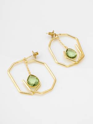 gold-plated octagon frame drop earrings with green stone 2