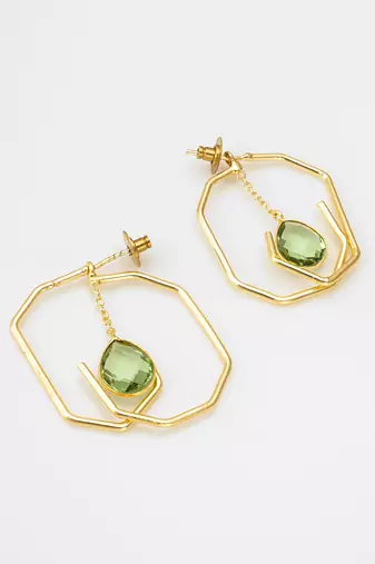 gold-plated octagon frame drop earrings with green stone
