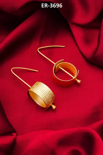 gold-plated textured cylindrical scroll hoop earrings with hook closure