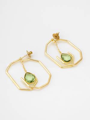 gold-plated octagon frame drop earrings with green stone 3