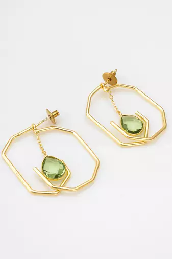 gold-plated octagon frame drop earrings with green stone