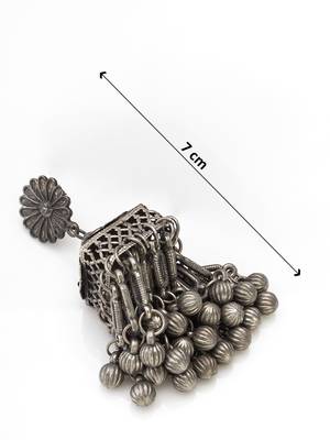 oxidized silver starburst jhumka earrings with ribbed ghungroo fringe and floral stud 4