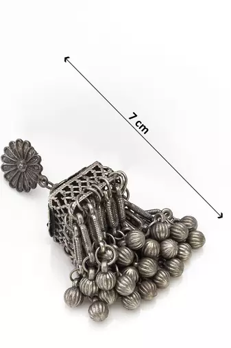 oxidized silver starburst jhumka earrings with ribbed ghungroo fringe and floral stud