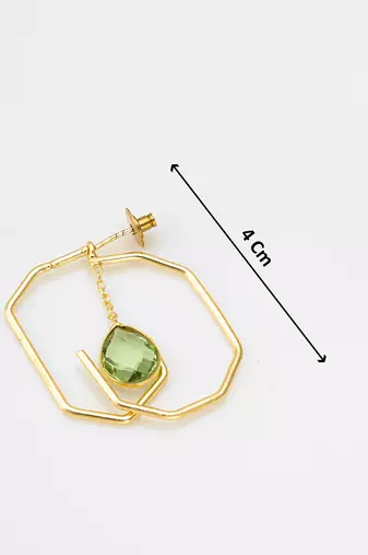 gold-plated octagon frame drop earrings with green stone