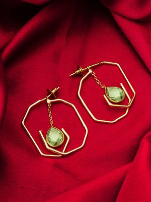 gold-plated octagon frame drop earrings with green stone 1