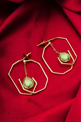 gold-plated octagon frame drop earrings with green stone