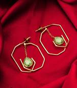 gold-plated octagon frame drop earrings with green stone