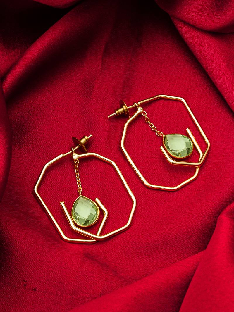 gold-plated octagon frame drop earrings with green stone