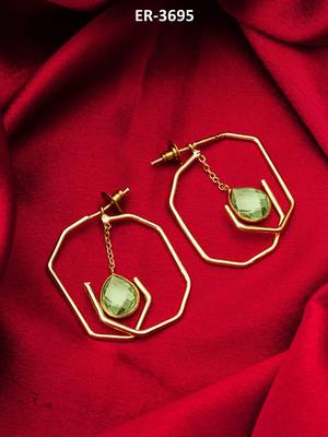 gold-plated octagon frame drop earrings with green stone 5