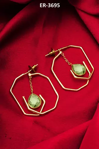 gold-plated octagon frame drop earrings with green stone