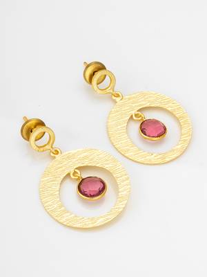 gold-plated textured circular hoop drop earrings with stone 2