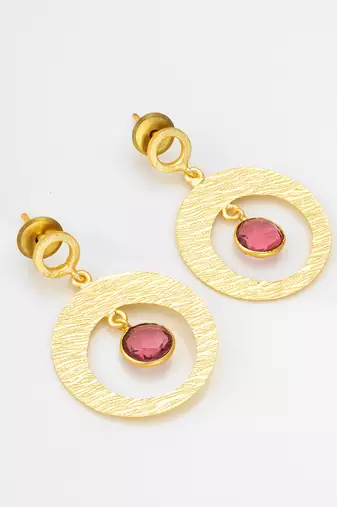 gold-plated textured circular hoop drop earrings with stone