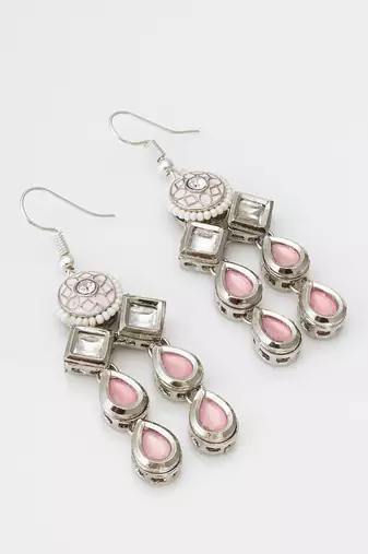 silver-tone kundan chandelier drop earrings with stones and meenakari