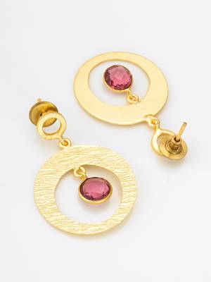 gold-plated textured circular hoop drop earrings with stone 3