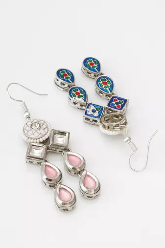 silver-tone kundan chandelier drop earrings with stones and meenakari