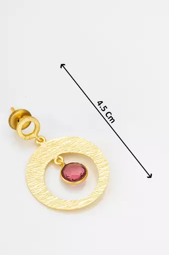 gold-plated textured circular hoop drop earrings with stone