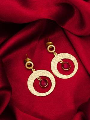 gold-plated textured circular hoop drop earrings with stone 1