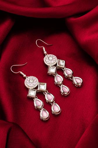 silver-tone kundan chandelier drop earrings with stones and meenakari