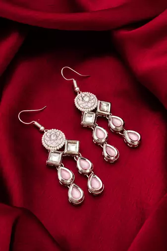 silver-tone kundan chandelier drop earrings with stones and meenakari
