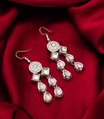 silver-tone kundan chandelier drop earrings with stones and meenakari