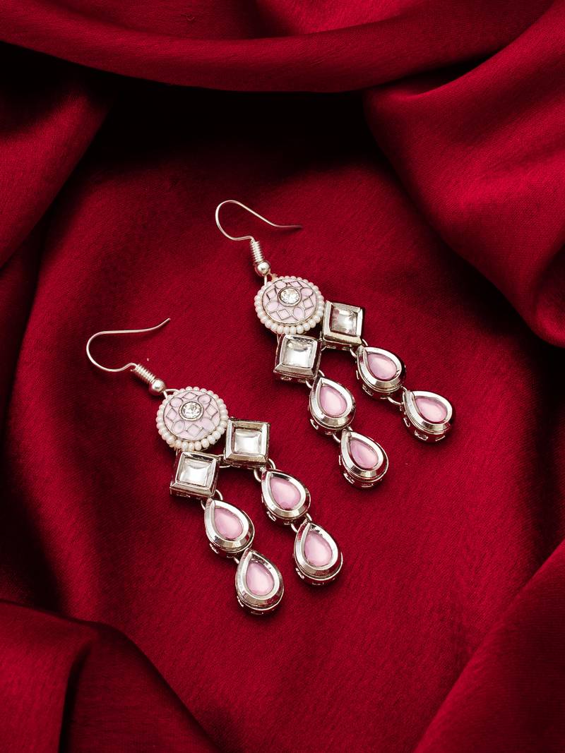 silver-tone kundan chandelier drop earrings with stones and meenakari