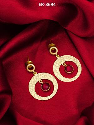 gold-plated textured circular hoop drop earrings with stone 5