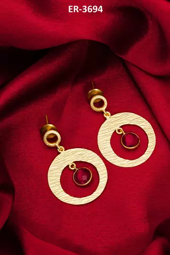 gold-plated textured circular hoop drop earrings with stone