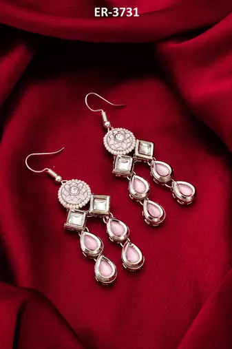 silver-tone kundan chandelier drop earrings with stones and meenakari