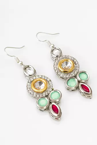  mint green earrings with red accents in silver-gold tone