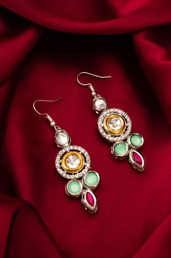  mint green earrings with red accents in silver-gold tone
