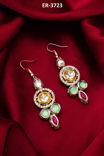  mint green earrings with red accents in silver-gold tone