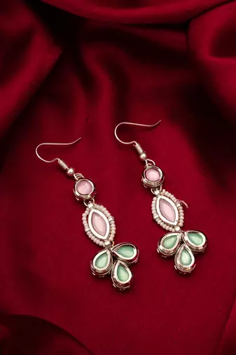 pastel pink and green kundan drop earrings