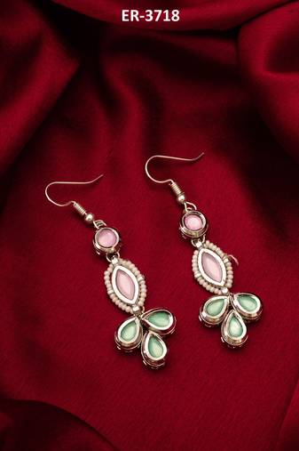 pastel pink and green kundan drop earrings