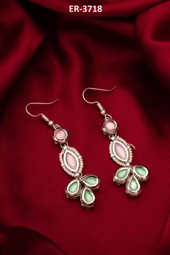 pastel pink and green kundan drop earrings