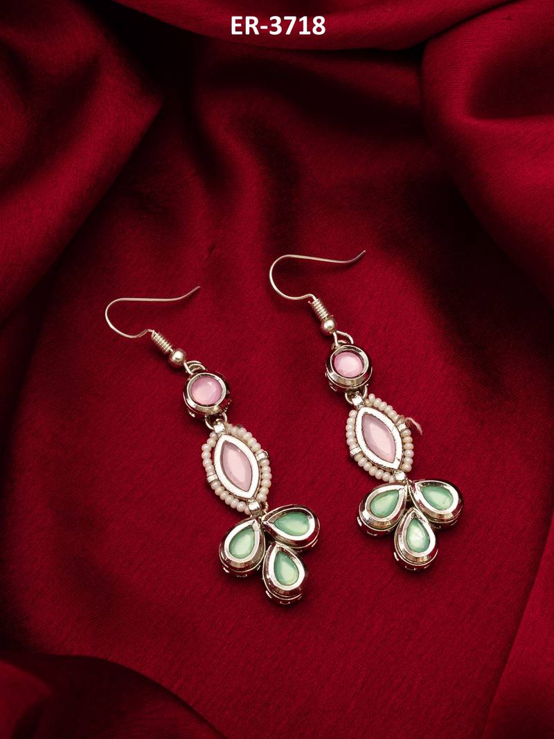 pastel pink and green kundan drop earrings