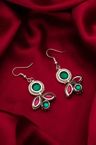 green and red kundan drop earrings