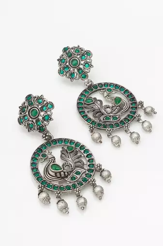 peacock design oxidized chandbali earrings with stones