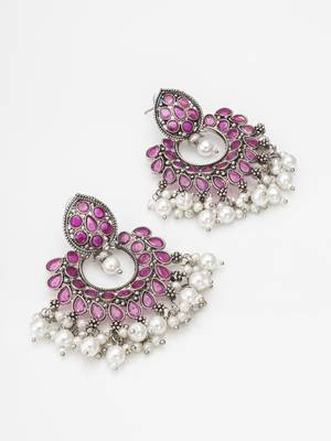 pink stone oxidized chandbali earrings with pearl drops 2