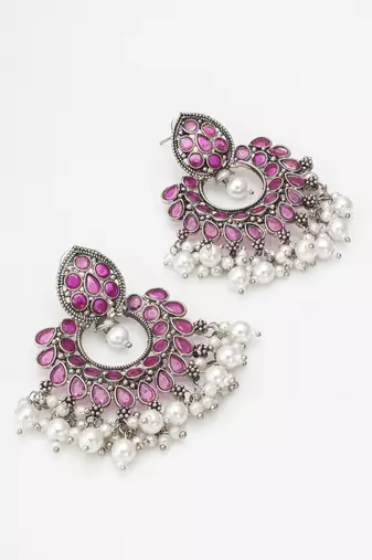 pink stone oxidized chandbali earrings with pearl drops