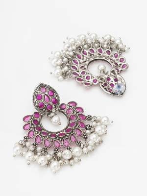 pink stone oxidized chandbali earrings with pearl drops 3