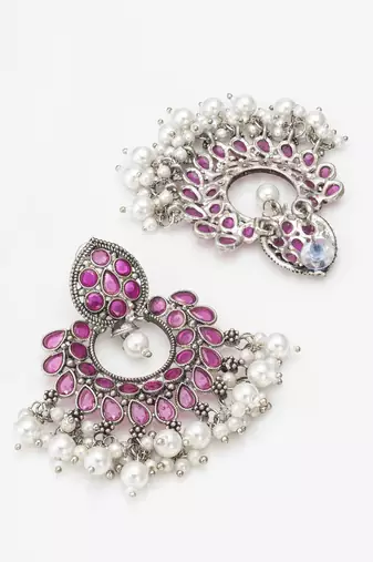 pink stone oxidized chandbali earrings with pearl drops