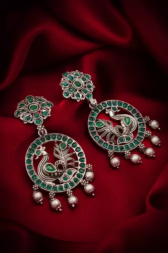 peacock design oxidized chandbali earrings with stones
