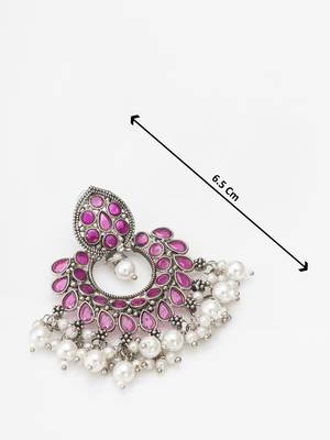 pink stone oxidized chandbali earrings with pearl drops 4