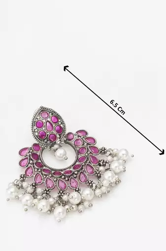 pink stone oxidized chandbali earrings with pearl drops
