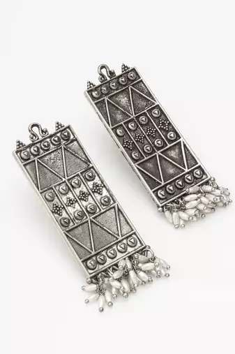 geometric oxidized drop earrings with pearl